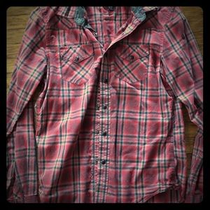 Long sleeve red flannel shirt.